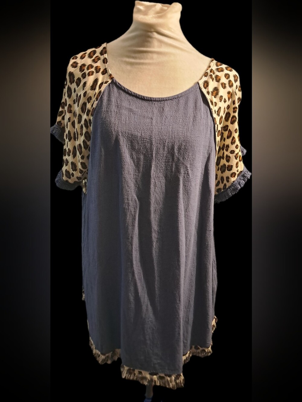 Umgee Slate Blue Linen Tunic with Leopard Print Detailing